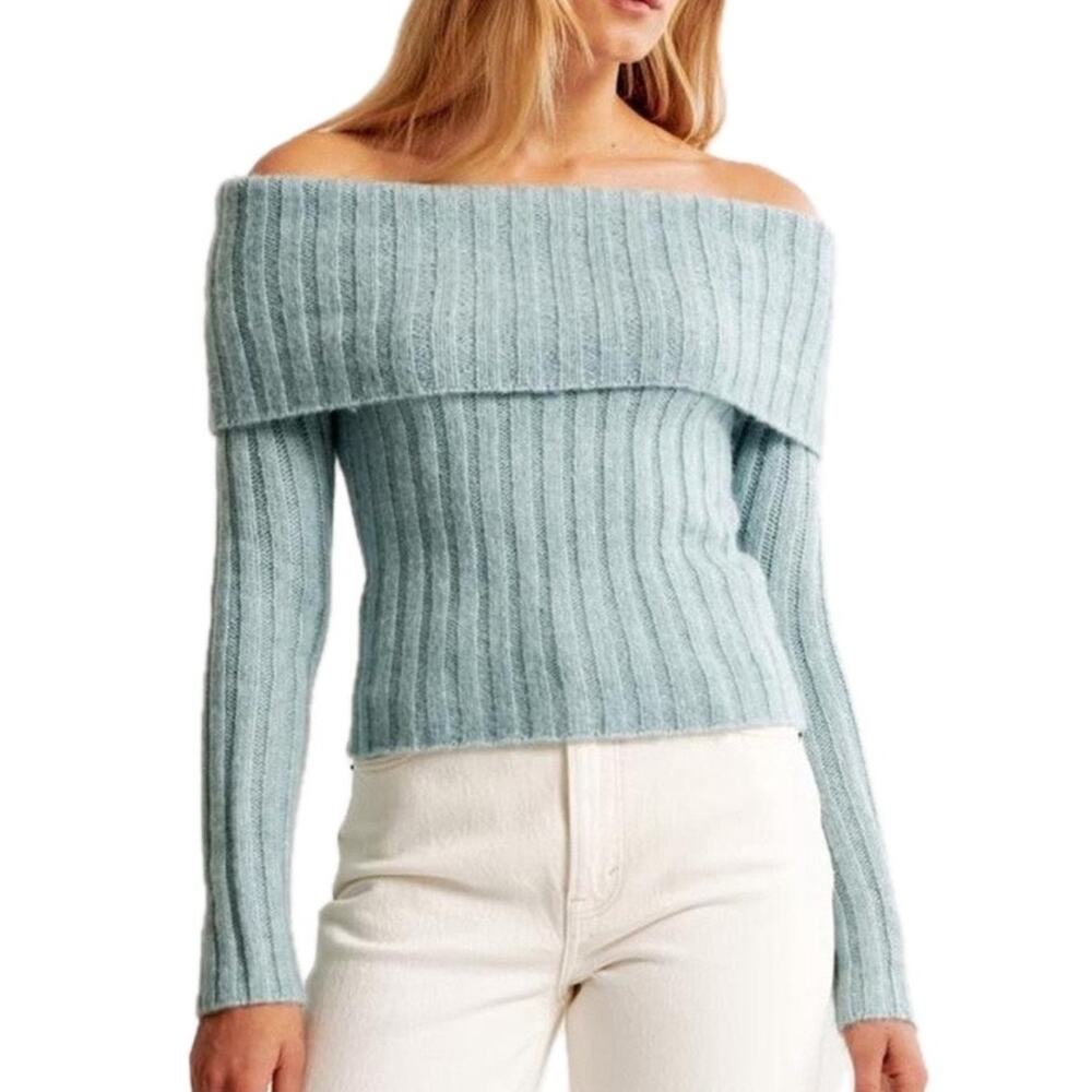 Abercrombie & Fitch Blue Chunky Wide Rib Fold Over Off The Shoulder Sweater